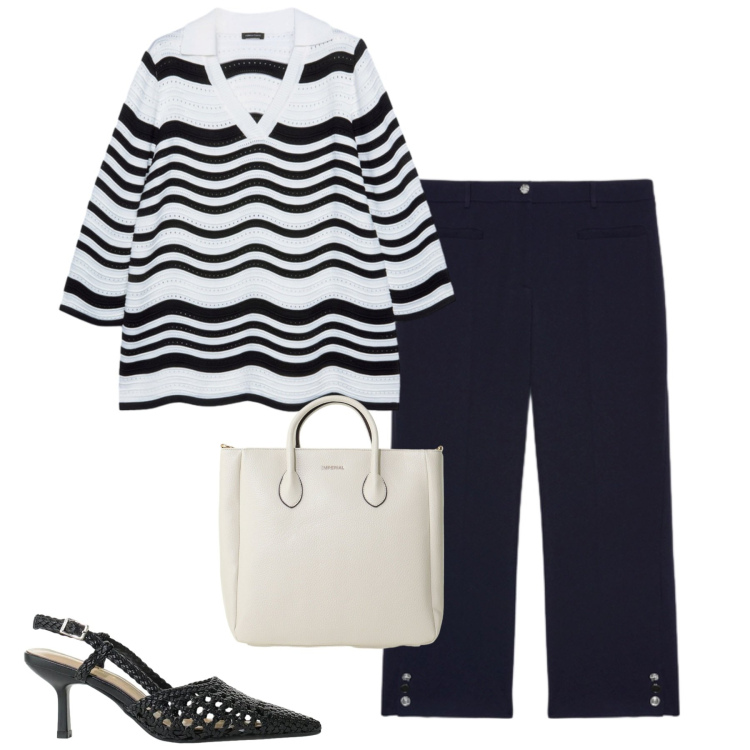 Outfit donna - Maggio. Stile Urban per Tutti i giorni. Abbinamento con borse a tracolla, décolleté, maglieria, pantaloni.