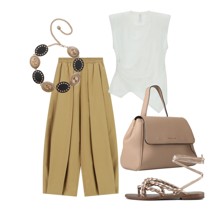 Outfit donna - Maggio. Stile Basic per Tutti i giorni. Abbinamento con zaini, cinture, top, pantaloni a palazzo, sandali in pelle.