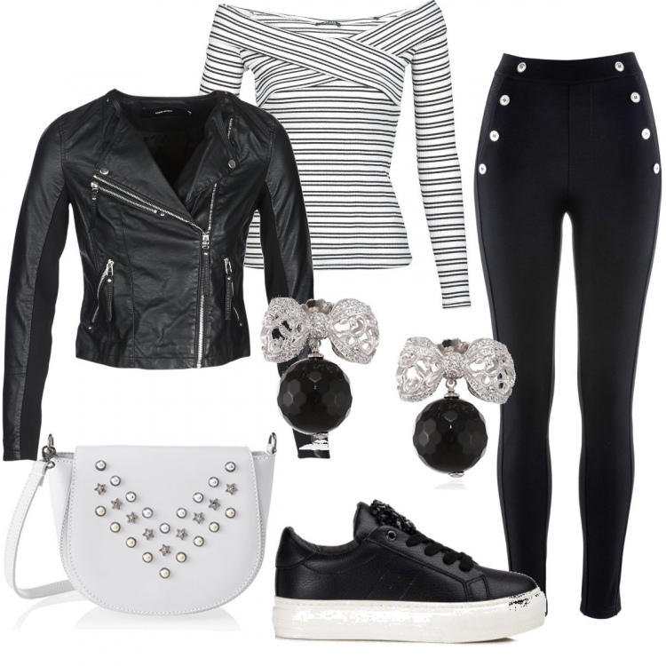 Outfit donna - Tutti i giorni. Stile Urban per Tutti i giorni. Abbinamento con leggings, giacca nero, maglione nero, sneakers in ecopelle nero, borse a spalla, orecchini in argento 925.