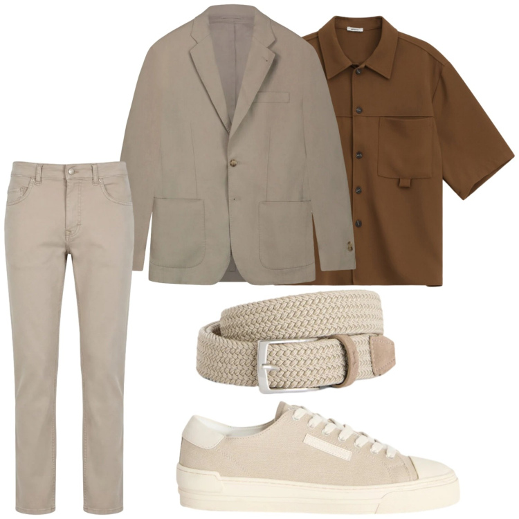 Outfit uomo - Tonalità sabbia e terra. Stile Trendy per Tutti i giorni. Abbinamento con camicie a manica corta, cinture, sneakers, pantaloni, giacche.