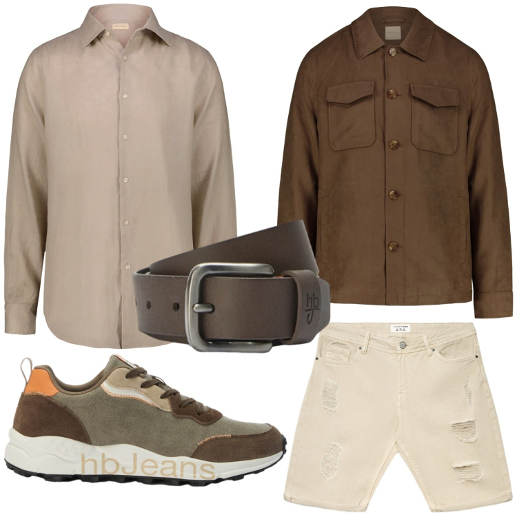 Outfit uomo - Tonalità sabbia e terra. Stile Casual per Tutti i giorni. Abbinamento con bermuda, sneakers, cinture, camicie, cappotti.
