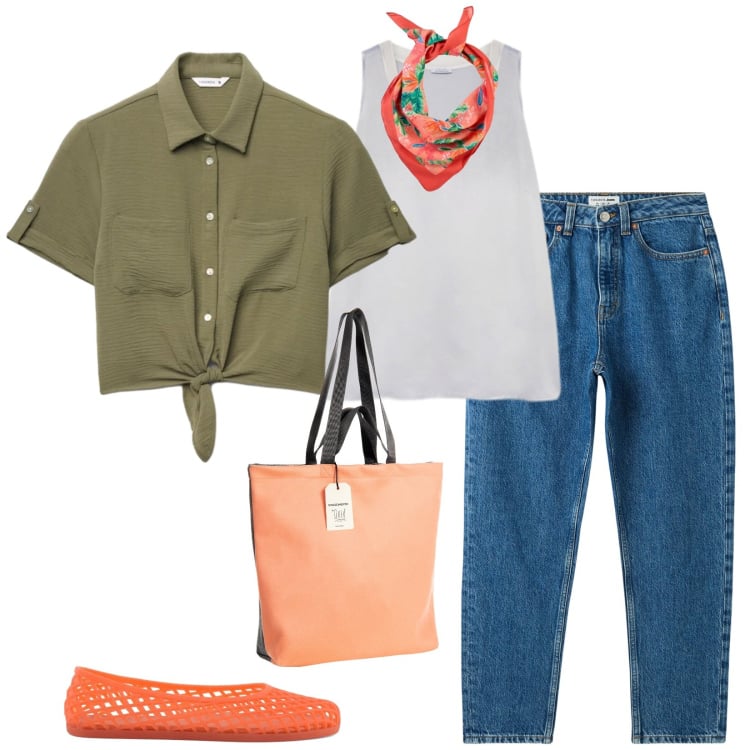 Outfit donna - Total look #2401179. Stile Casual chic per Tutti i giorni. Abbinamento con foulard, jeans mom, camicie a manica corta, borse tote, top, ballerine.