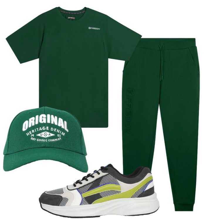 Outfit uomo - Total look #2401182. Stile Casual per Sport. Abbinamento con sneakers, cappelli con visiera, t-shirt, pantaloni.