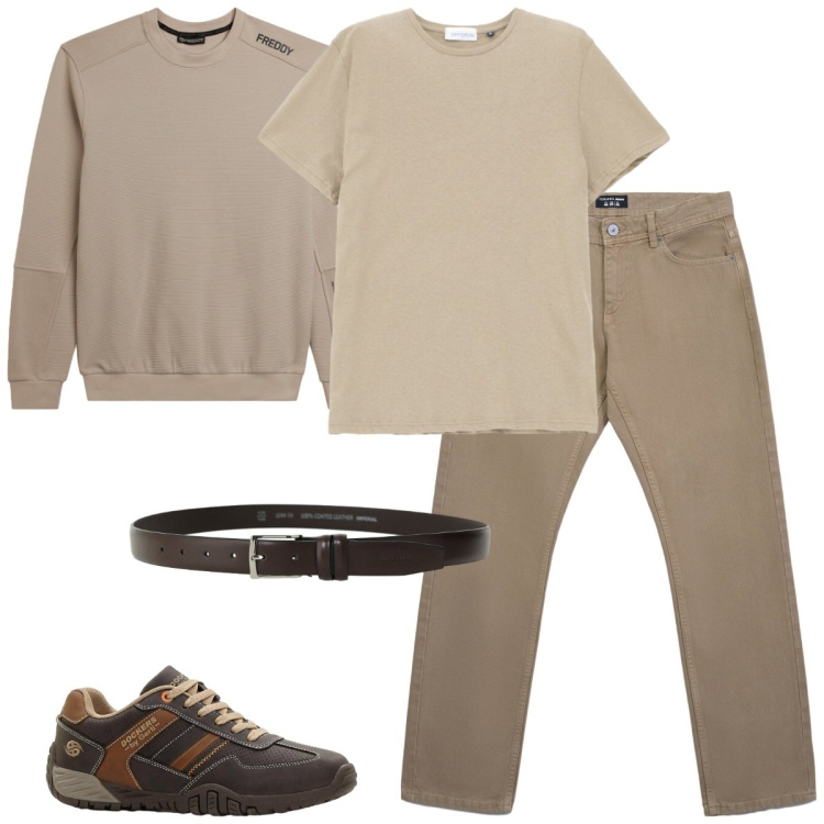 Outfit uomo - Tonalità sabbia e terra. Stile Casual per Tutti i giorni. Abbinamento con sneakers, jeans, t-shirt, cinture, felpe.