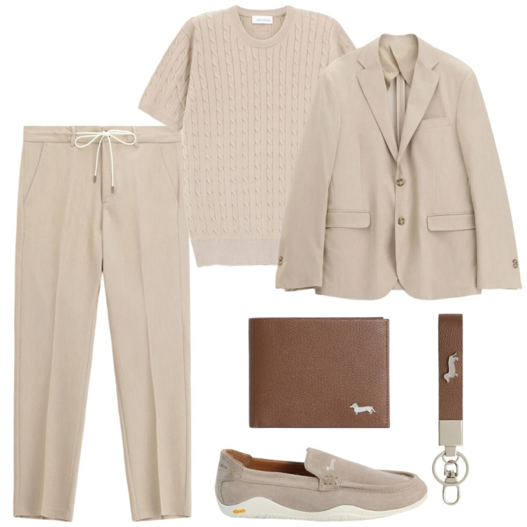 Outfit uomo - Tonalità sabbia e terra. Stile Business/Elegante per Ufficio. Abbinamento con pantaloni, giacche, t-shirt, portachiavi, portafogli, scarpe stringate.