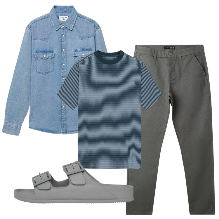 Outfit uomo - Total look #2401191. Stile Trendy per Tutti i giorni. Abbinamento con pantaloni chino, camicie, sandali, t-shirt.
