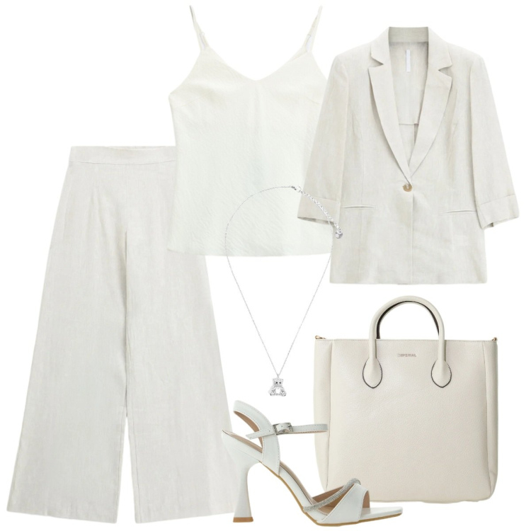 Outfit donna - Total look #2401197. Stile Chic per Cerimonia. Abbinamento con pantaloni a palazzo, canottiere, borse a tracolla, sandali gioiello, blazer, ciondoli.
