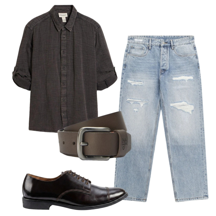 Outfit uomo - Total look #2401199. Stile Trendy per Serata speciale. Abbinamento con camicie, jeans strappati, cinture, scarpe stringate.