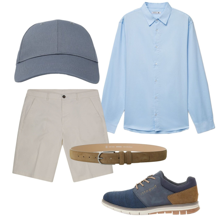 Outfit uomo - Evento primaverile. Stile Trendy per Tutti i giorni. Abbinamento con scarpe stringate, cappelli con visiera, camicie, cinture, bermuda.