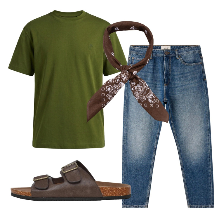 Outfit uomo - Total look #2401206. Stile Trendy per Tutti i giorni. Abbinamento con jeans, sandali, t-shirt, sciarpe e foulard.