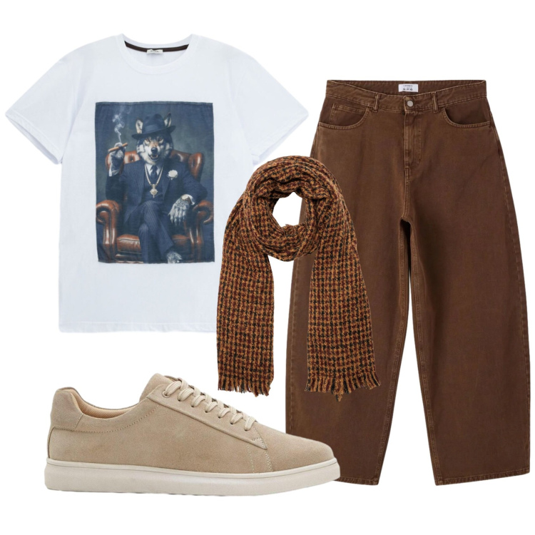 Outfit uomo - Total look #2401207. Stile Trendy per Tutti i giorni. Abbinamento con sneakers, jeans dritti, t-shirt, sciarpe.