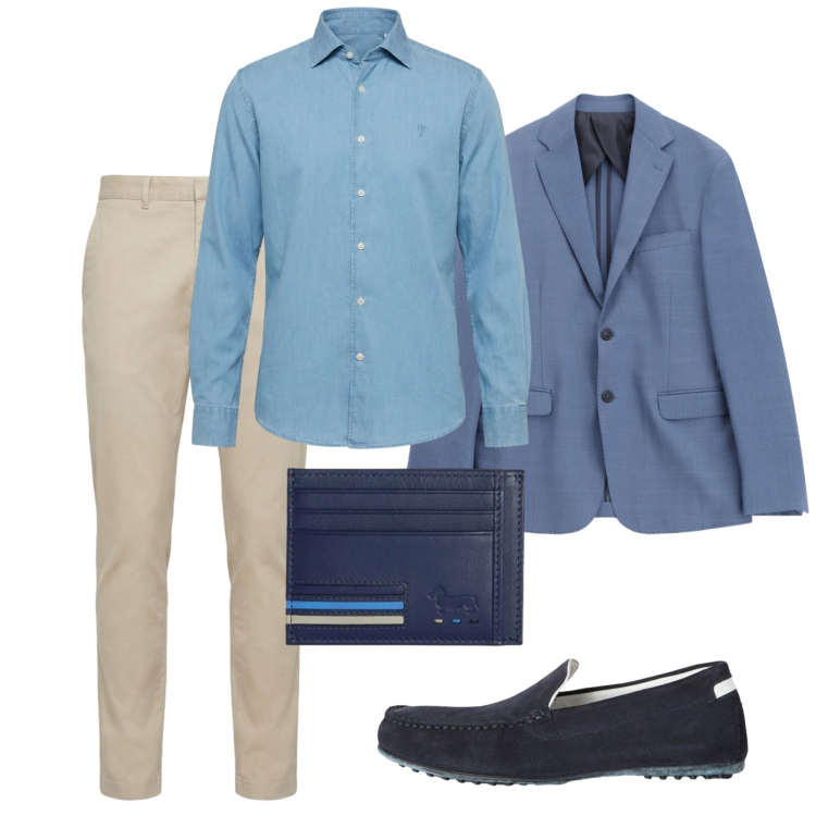 Outfit uomo - Maggio cielo. Stile Casual per Tutti i giorni. Abbinamento con giacche, scarpe stringate, portafogli, pantaloni, camicie.