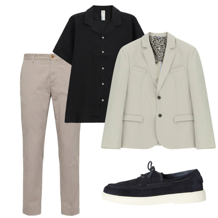 Outfit uomo - Look aperitivo. Stile Trendy per Tutti i giorni. Abbinamento con giacche, camicie a manica corta, scarpe stringate, pantaloni chino.