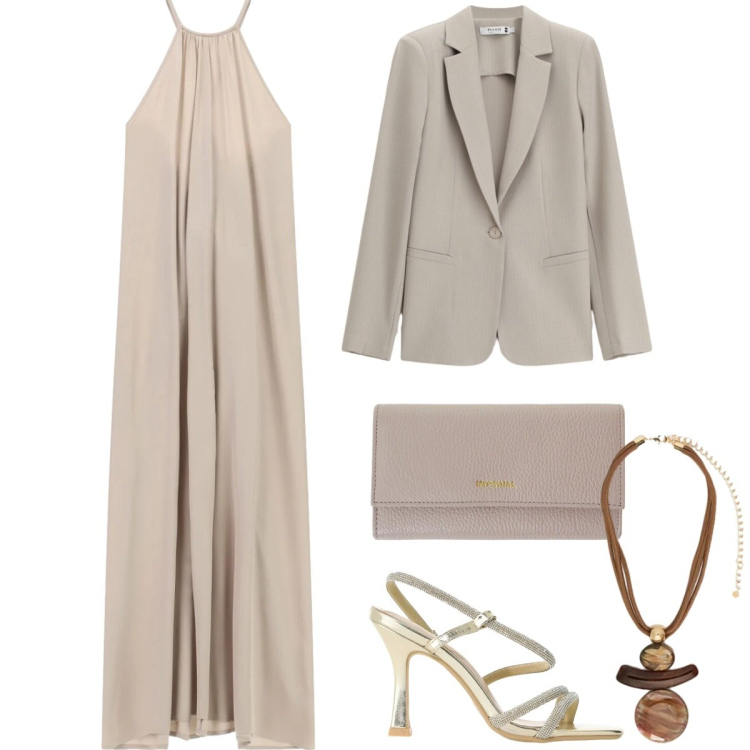 Outfit donna - Color sabbia. Stile Chic per Serata fuori. Abbinamento con vestiti lunghi, sandali col tacco, portafogli, blazer, ciondoli.