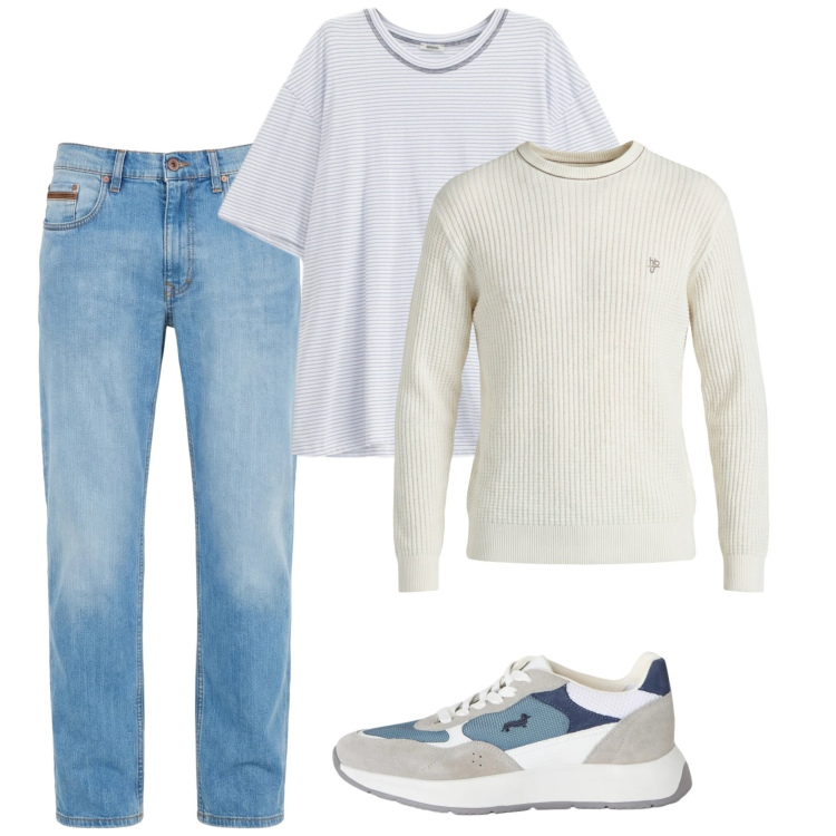 Outfit uomo - Maggio. Stile Casual per Tutti i giorni. Abbinamento con t-shirt, jeans, sneakers, maglieria.