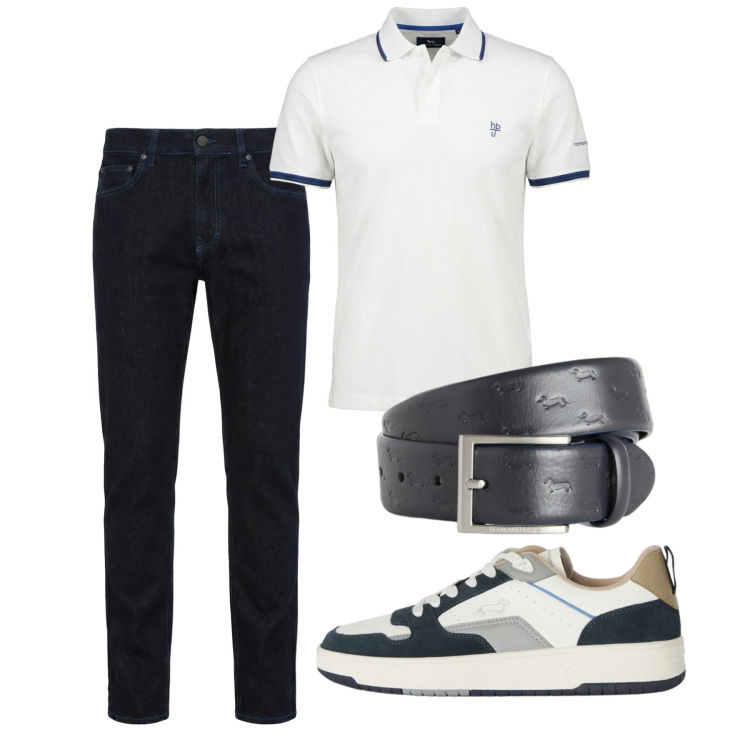 Outfit uomo - Maggio. Stile Casual per Tutti i giorni. Abbinamento con jeans, cinture, polo, sneakers.