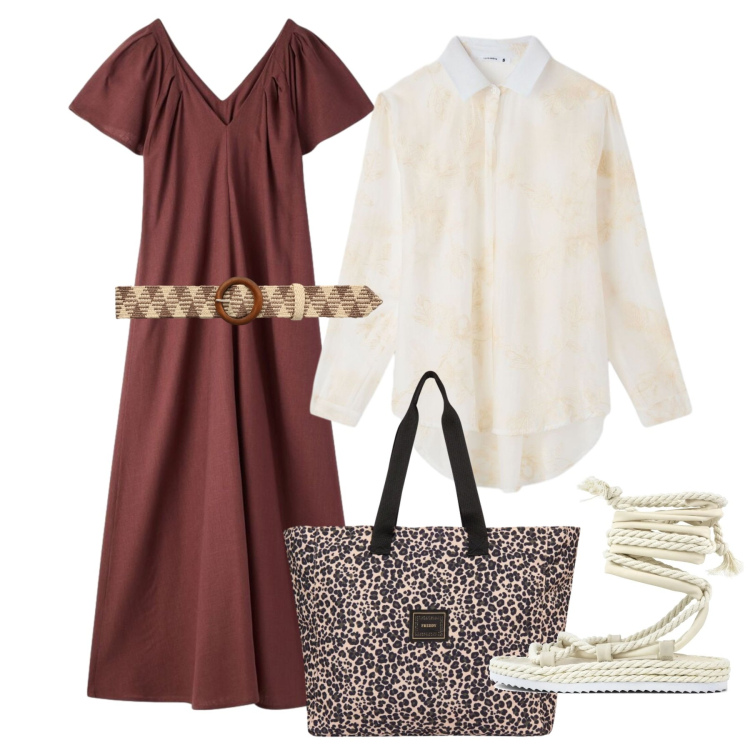 Outfit donna - La camicia come giacca. Stile Casual per Tutti i giorni. Abbinamento con vestiti lunghi, cinture, camicie, shopping bag, sandali.