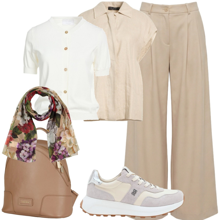 Outfit donna - Morbidezza in beige. Stile Bon Ton per Tutti i giorni. Abbinamento con zaini, cardigans, sciarpe, camicie a manica corta, pantaloni, sneakers.
