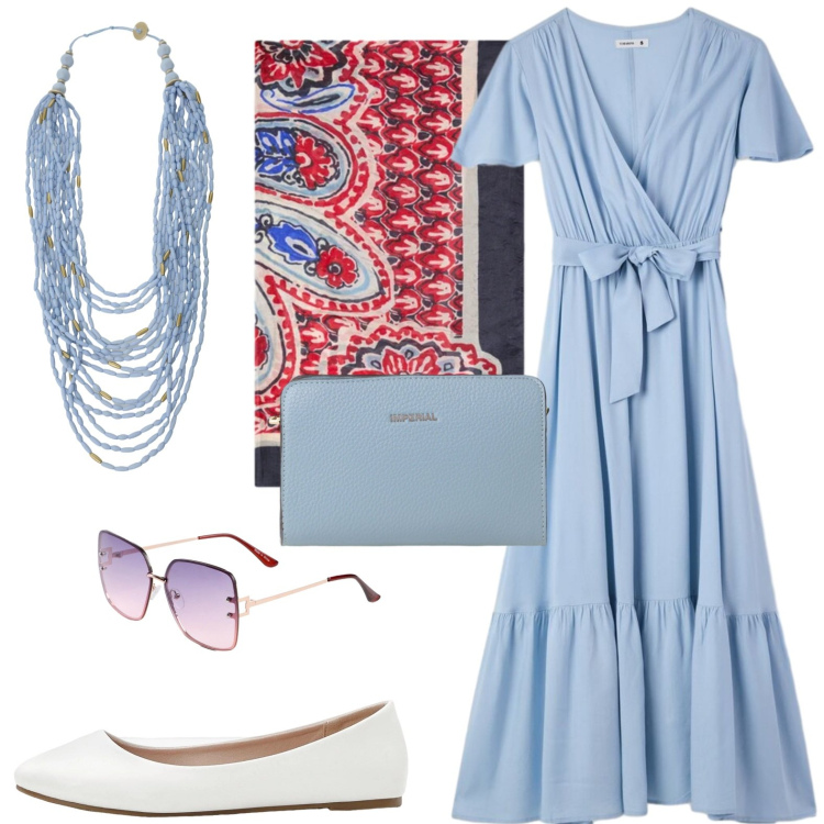 Outfit donna - Abito azzurro. Stile Casual chic per Tutti i giorni. Abbinamento con ballerine, occhiali da sole, vestiti lunghi, borse a tracolla, collane, foulard.