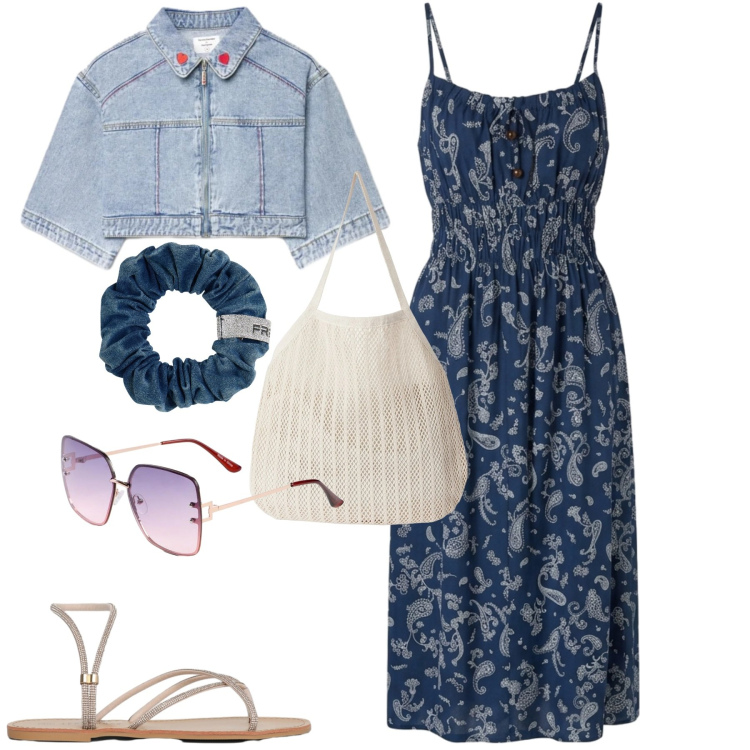 Outfit donna - Early summer. Stile Basic per Tutti i giorni. Abbinamento con occhiali da sole, vestiti lunghi, cappotti, sandali, shopping bag, accessori per capelli.