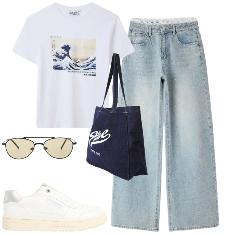 Outfit donna - Maggio. Stile Casual per Tutti i giorni. Abbinamento con sneakers, t-shirt, jeans, occhiali da sole, shopping bag.