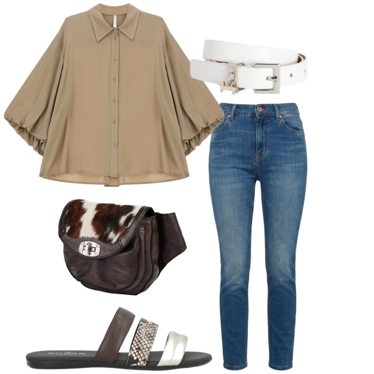 Outfit donna - Total look #2401272. Stile Casual chic per Tutti i giorni. Abbinamento con sandali in pelle, marsupi, cinture, jeans, camicie.