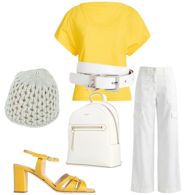 Outfit donna - Total look #2401273. Stile Minimal per Mare. Abbinamento con zaini, top, cappelli, sandali in pelle, cinture, pantaloni cargo.