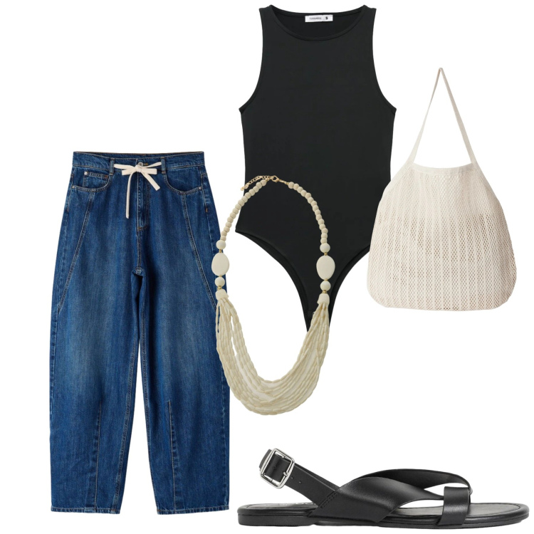 Outfit donna - Total look #2401274. Stile Basic per Tutti i giorni. Abbinamento con sandali, top, jeans, shopping bag, collane.