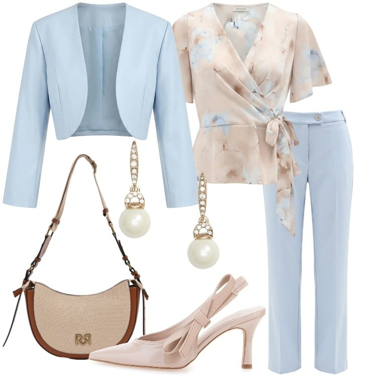 Outfit donna - L\'Invitata perfetta sei tu. Stile Romantica per Cerimonia. Abbinamento con pantaloni, bolero, bluse, borse a tracolla, orecchini, décolleté.