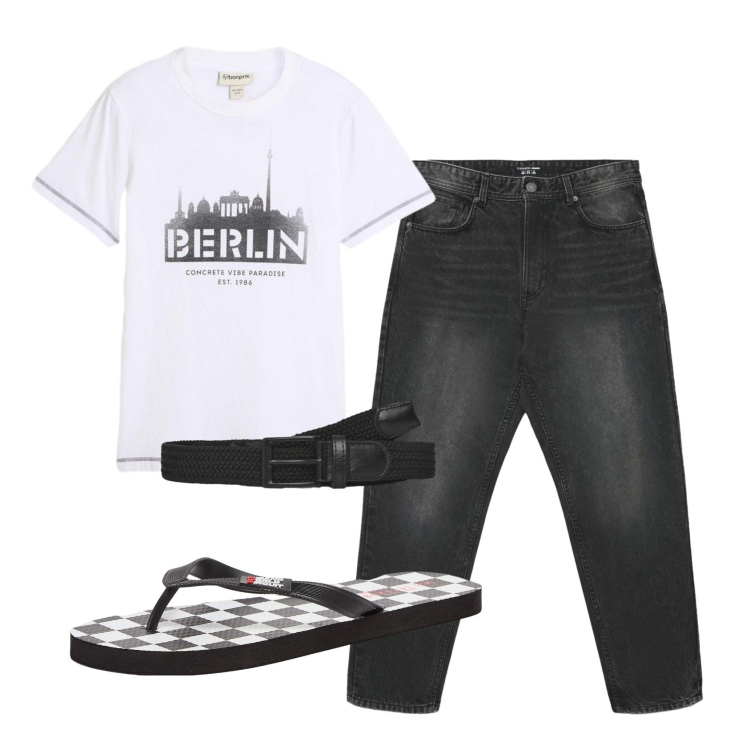 Outfit uomo - Total look #2401281. Stile Casual per Tutti i giorni. Abbinamento con t-shirt, sandali, jeans, cinture.