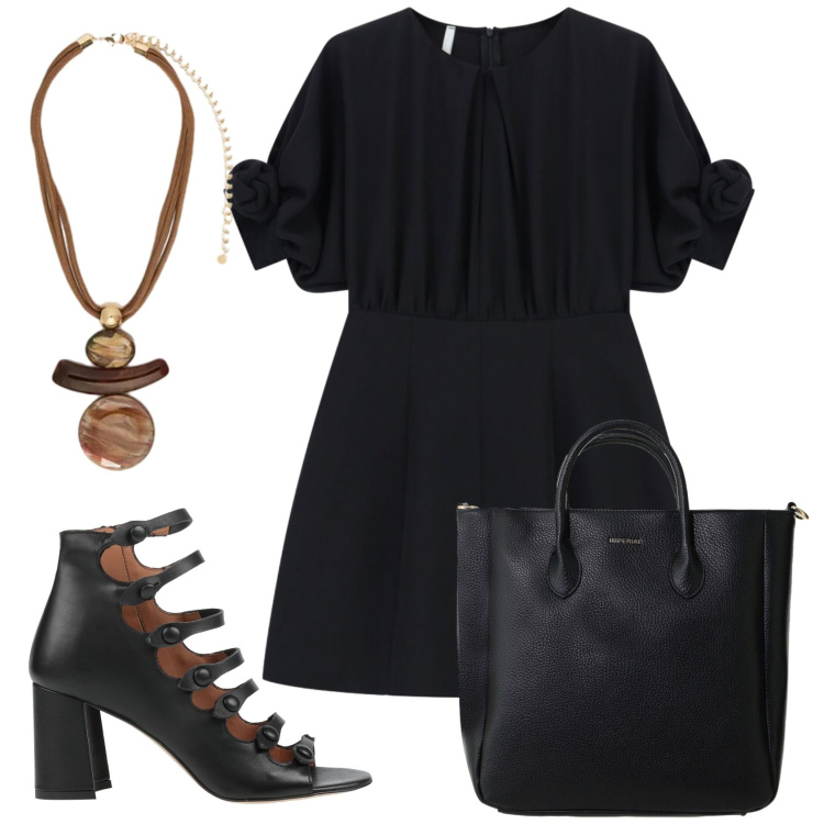 Outfit donna - Total look #2401283. Stile Minimal per Ufficio. Abbinamento con stivaletti, vestiti corti, borse a tracolla, ciondoli.
