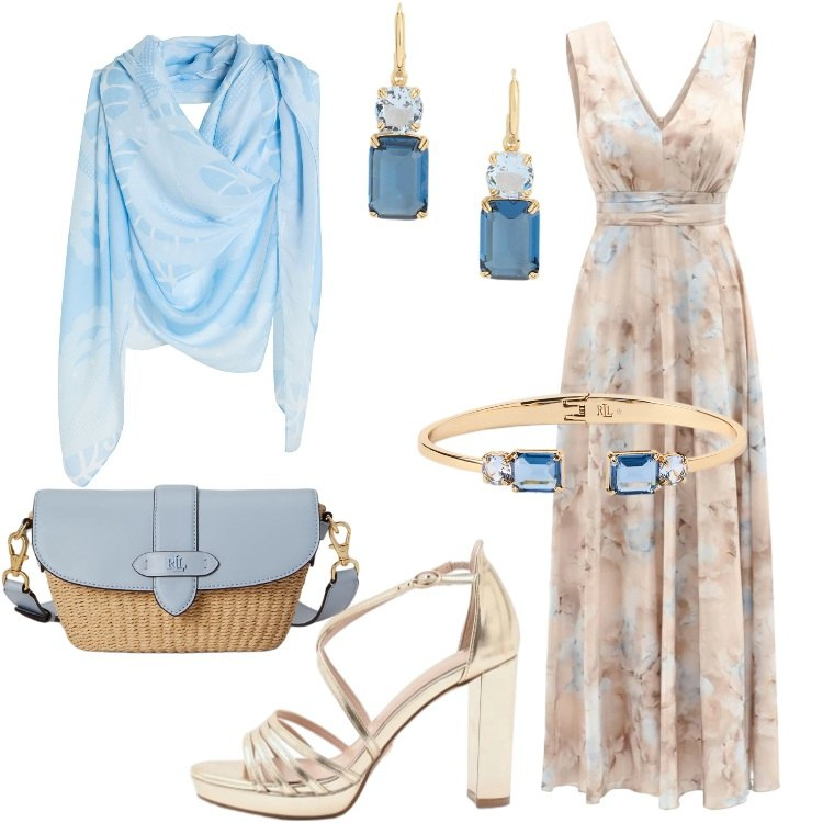 Outfit donna - Finishing Touch. Stile Romantica per Cerimonia. Abbinamento con sciarpe, vestiti lunghi, sandali col tacco, borse a spalla, orecchini, braccialetti.
