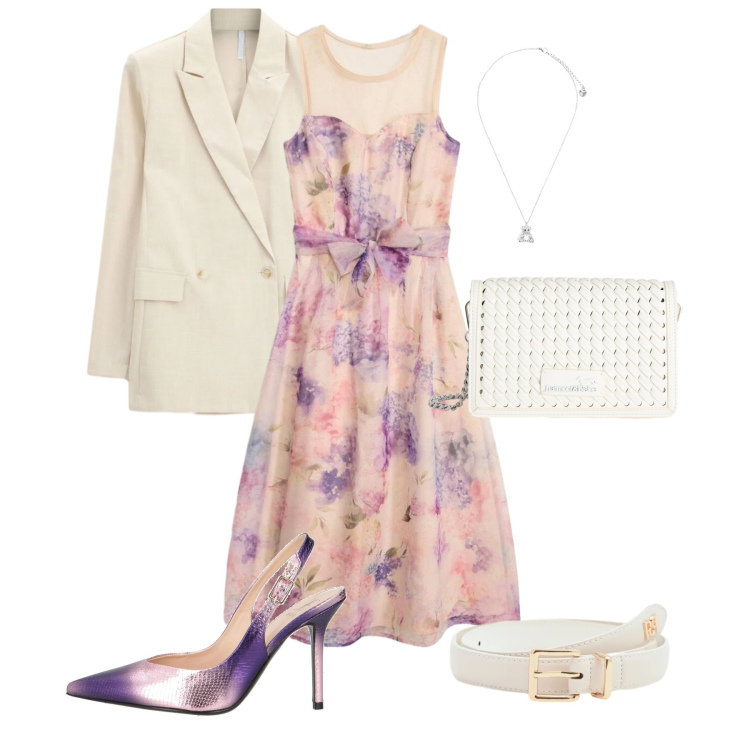 Outfit donna - Battesimo. Stile Chic per Cerimonia. look ideale per Petite. Abbinamento con décolleté, vestiti midi/longuette, borse a tracolla, blazer, cinture, ciondoli.