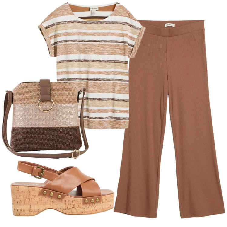 Outfit donna - Total look #2401298. Stile Basic per Ufficio. Abbinamento con leggings, t-shirt, zeppe, borse a tracolla.