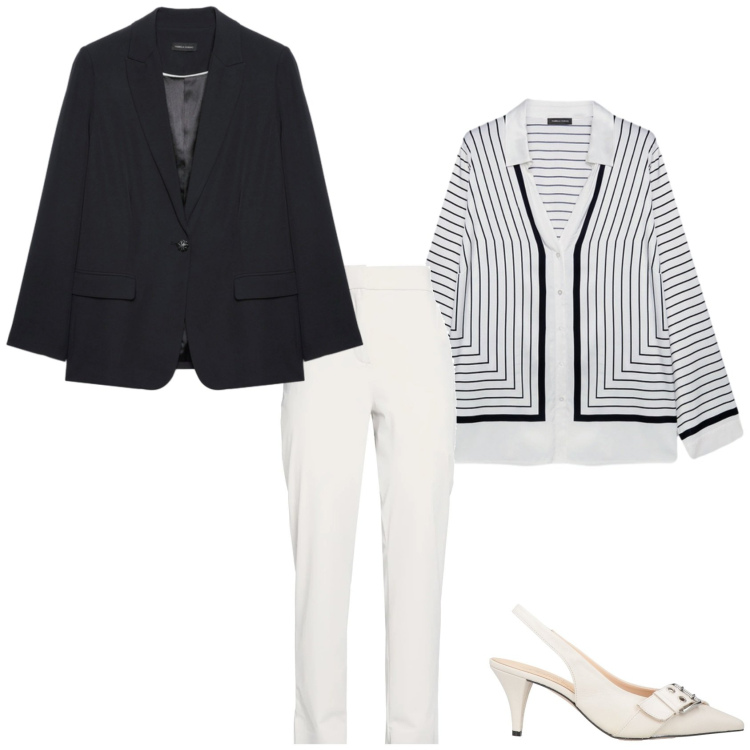 Outfit donna - Un outfit di primavera. Stile Chic per Serata fuori. Abbinamento con décolleté, pantaloni, camicie, blazer.
