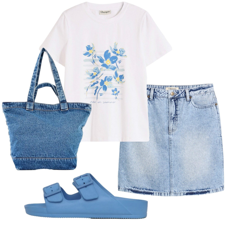 Outfit donna - Total look #2401301. Stile Casual per Tutti i giorni. Abbinamento con minigonne, t-shirt, shopping bag, ciabatte.