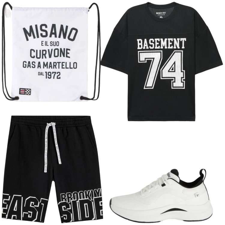 Outfit uomo - TempoLibero-SPORT. Stile Trendy per Sport. Abbinamento con bermuda, borse sportive, t-shirt sportive, sneakers.