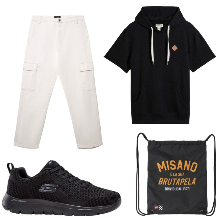 Outfit uomo - Tempo libero. Stile Casual per Tutti i giorni. Abbinamento con sneakers, felpe con cappuccio, borse sportive, pantaloni cargo.