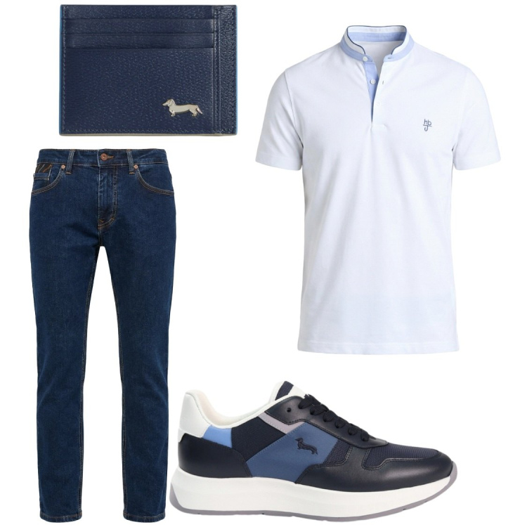 Outfit uomo - Polo alla coreana. Stile Trendy per Tutti i giorni. Abbinamento con pantaloni, portafogli, polo, sneakers.