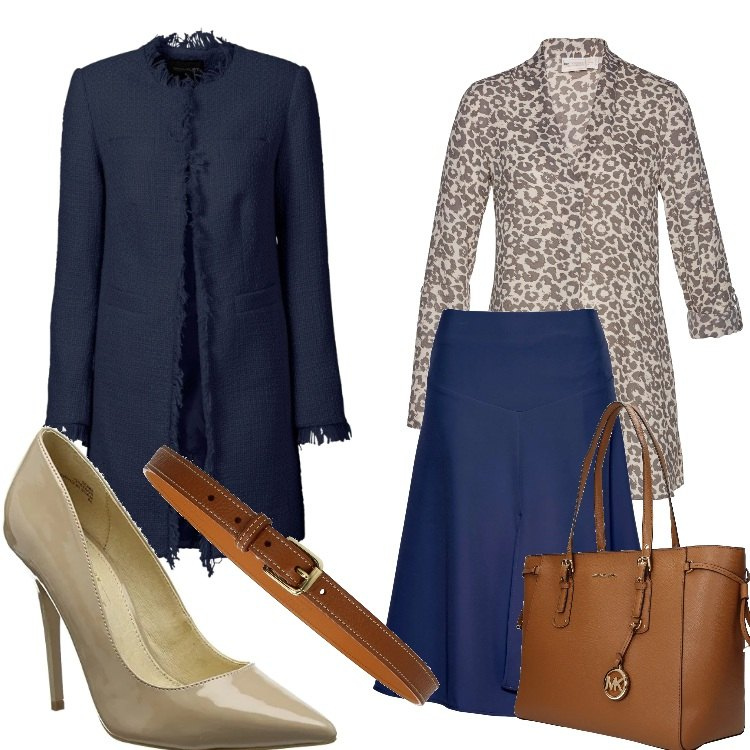 Outfit donna - Look per donna curvy perfetta in ufficio. Stile Bon Ton per Ufficio. Abbinamento con blazer, gonna forma asimmetrica blu, tunica fantasia chiffon a maniche lunghe beige, borsa a spalla con manico e tasca interna marrone, cintura con logo frontale marrone, top beige.