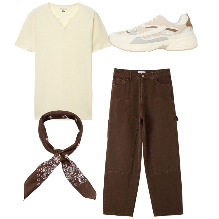 Outfit uomo - Total look ambra. Stile Casual per Tutti i giorni. Abbinamento con sneakers, t-shirt, pantaloni, sciarpe e foulard.