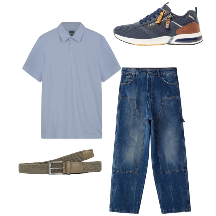 Outfit uomo - Total look. Stile Casual per Tutti i giorni. Abbinamento con sneakers, cinture, jeans dritti, polo.