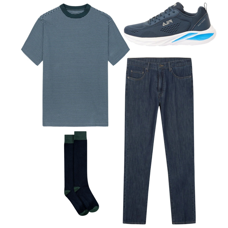 Outfit uomo - Total look. Stile Casual per Tutti i giorni. Abbinamento con sneakers, jeans, calzini, t-shirt.