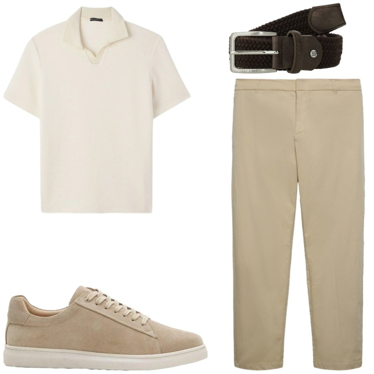 Outfit uomo - Toni neutri. Stile Casual per Tutti i giorni. Abbinamento con sneakers, pantaloni chino, polo, cinture.
