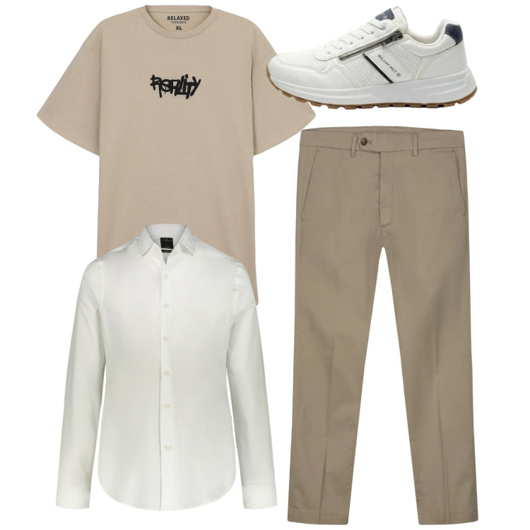 Outfit uomo - Total look. Stile Casual per Tutti i giorni. Abbinamento con sneakers, t-shirt, pantaloni chino, camicie.