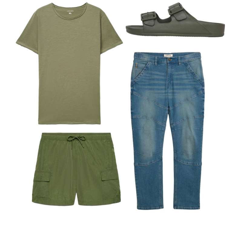 Outfit uomo - Una puntata al mare. Stile Casual per Tutti i giorni. Abbinamento con jeans dritti, t-shirt, sandali, costumi.