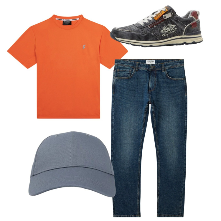 Outfit uomo - Total look. Stile Casual per Tutti i giorni. Abbinamento con sneakers, jeans, cappelli con visiera, t-shirt.