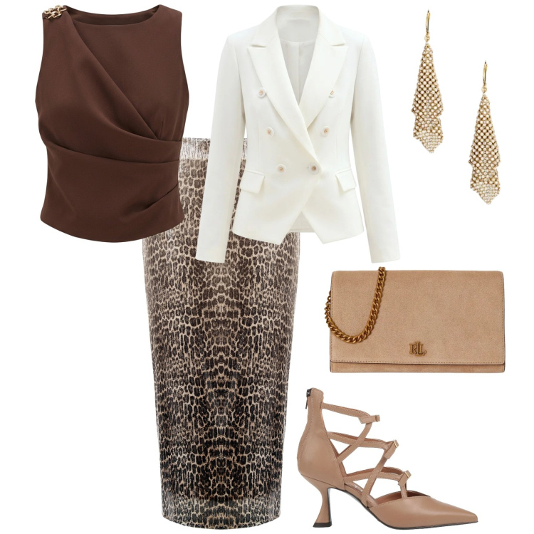 Outfit donna - Cerimonia. per Cerimonia. Abbinamento con décolleté, gonne longuette, top, blazer, borse a tracolla, orecchini.