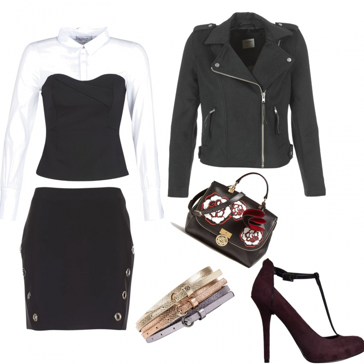 Outfit donna - Sex and the City. Stile Rock Abbinamento con cinture, camicetta bianco, gonna nero, giacca nero, décolleté effetto vernice nero, borsa a mano fantasia floreale interno foderato con tracolla regolabile.