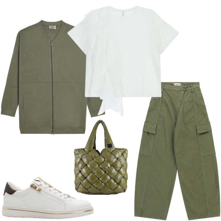 Outfit donna - Look quotidiano. Stile Casual per Tutti i giorni. Abbinamento con sneakers, t-shirt, pantaloni cargo, felpe, borse tote.